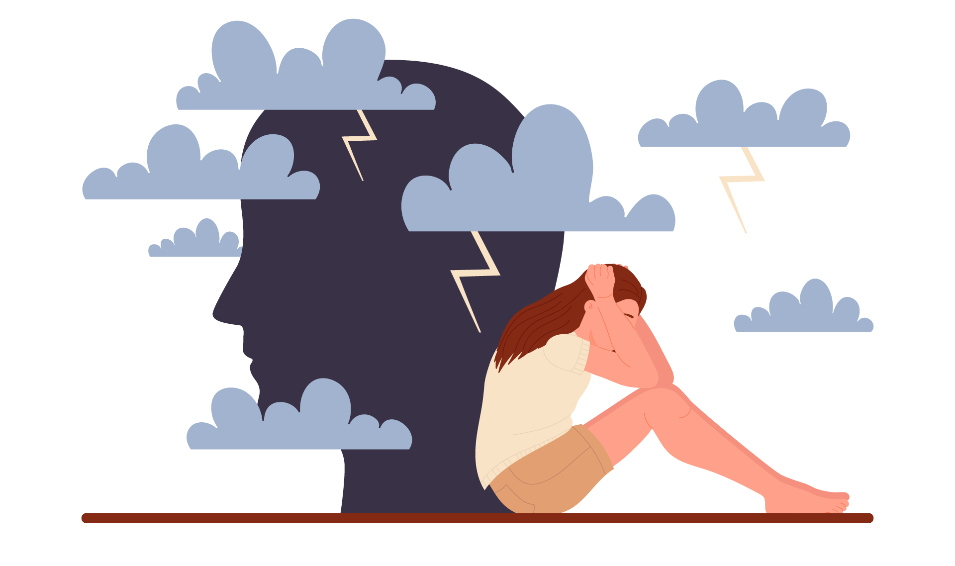 Illustration of women sitting under rain clouds symbolising anxiety 